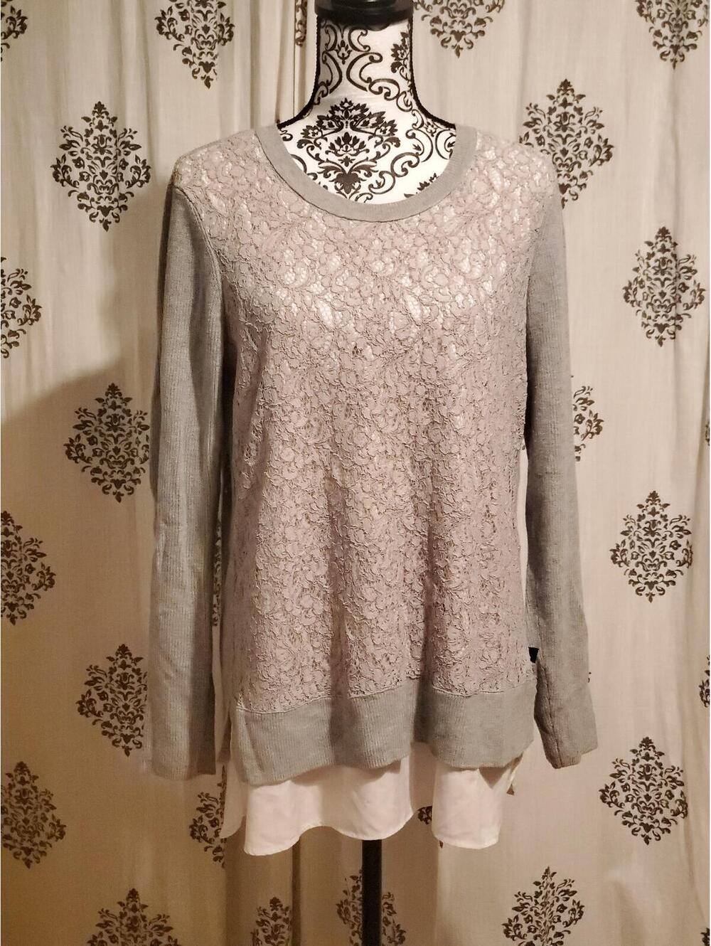 Simply Vera Vera Wang Gray Lace Sweater with Layered Hem
